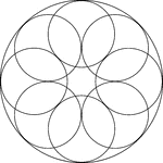Circular rosette with 8 petals in a circle. It is made by rotating circles about a fixed point. The radii of the smaller circles are less than the distance between the point of rotation and the center of the circle. Thus, there is a hole in the center.