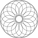 Circular rosette with 16 petals in a circle. It is made by rotating circles about a fixed point. The radii of the smaller circles are less than the distance between the point of rotation and the center of the circle. Thus, there is a hole in the center.