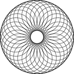 Circular rosette with 32 petals in a circle. It is made by rotating circles about a fixed point. The radii of the smaller circles are less than the distance between the point of rotation and the center of the circle. Thus, there is a hole in the center.