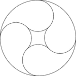 Design made by drawing one large circle and then four circles that are internally tangent to the original circle. Erase one side of each of the smaller circles to create the design. It resembles the yin and yang symbol.