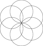 Circular rosette with 6 petals. It is made by rotating circles about a fixed point. The radii of the smaller circles is equal to the distance between the point of rotation and the center of the circle. Thus, the circles meet in the center.