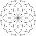 Circular rosette with 12 petals. It is made by rotating circles about a fixed point. The radii of the smaller circles is equal to the distance between the point of rotation and the center of the circle. Thus, the circles meet in the center.