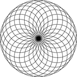 Circular rosette with 24 petals. It is made by rotating circles about a fixed point. The radii of the smaller circles is equal to the distance between the point of rotation and the center of the circle. Thus, the circles meet in the center.