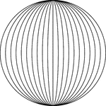 Illustration of concentric ellipses, whose major axes are vertical, inscribed in a circle whose diameter is equal to the length of the major axes of the ellipses. The ellipses, which decrease in width in equal increments until the smallest one is a line, are externally tangent to the circle. The illustration could be described as a circle rotated about the poles of the vertical axis. It could also be used as a 3-dimensional drawing of a sphere.