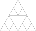 Illustration of an equilateral triangle inscribed in an equilateral triangle by joining the midpoints of the sides of the larger triangle. 3 smaller equilateral triangles are then constructed in the remaining area by joining the midpoints of the other 3 triangles.