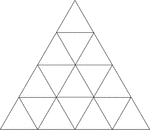 Illustration of an equilateral triangle inscribed in an equilateral triangle by joining the midpoints of the sides of the larger triangle. Thus, there are 4 equilateral triangles inside of the large triangle. Inside each of the 4 smaller equilateral triangles another equilateral triangle is constructed by joining the midpoints of the sides.