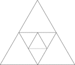 Illustration of an equilateral triangle inscribed in an equilateral triangle by joining the midpoints of the sides of the larger triangle. Inside the smaller equilateral triangle another inscribed equilateral triangle is constructed by joining the midpoints of the sides.