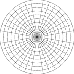 Illustration of a polar graph/grid that is marked, but not labeled, in 10&deg; increments and units marked to 10.