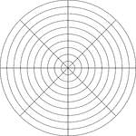 Illustration of a polar graph/grid that is marked, but not labeled, in 45&deg; increments and units marked to 10.
