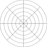 Illustration of a polar graph/grid that is marked, but not labeled, in 45&deg; increments and units marked to 6.