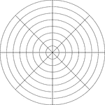 Illustration of a polar graph/grid that is marked, but not labeled, in 45&deg; increments and units marked to 8.