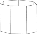 Illustration of a hollow right heptagonal/septagonal prism with regular heptagons/septagons for bases and rectangular faces.