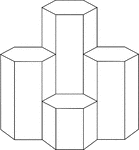 A cluster of 4 right hexagonal prisms with congruent bases, but varying heights.