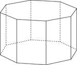 Illustration of a right octagonal prism with regular octagons for bases and rectangular faces. The hidden edges are shown.