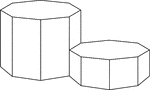 Illustration of 2 right octagonal prisms with congruent bases, but different heights. The height of the smaller prism is one half that of the larger.