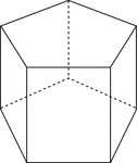 Illustration of a right pentagonal prism with regular pentagons for bases and rectangular faces. The height of the prism is slightly greater than the length of a side of the pentagon. The hidden edges are shown.