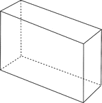 Illustration of a right rectangular prism that is viewed at an angle. The bases are congruent rectangles and the opposite faces are congruent rectangles. The hidden edges are shown.