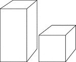 Illustration of 2 right rectangular prisms. The bases are congruent, but the height of the smaller prism is one half that of the larger.