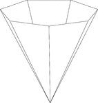 Illustration of a hollow right heptagonal (septagonal) pyramid. The base is a heptagon and the faces are isosceles triangles. The pyramid is inverted, meaning that the vertex is at the bottom and the base is on top.