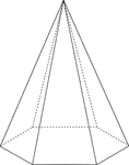 Illustration of a right hexagonal pyramid with hidden edges shown. The base is a hexagon and the faces are isosceles triangles.