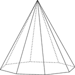 Illustration of a right octagonal pyramid with hidden edges shown. The base is an octagon and the faces are isosceles triangles.
