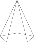Illustration of a right pentagonal pyramid with hidden edges shown. The base is an pentagon and the faces are isosceles triangles.