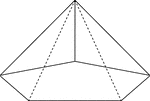 Illustration of a right pentagonal pyramid viewed from below with hidden edges shown. The base is an pentagon and the faces are isosceles triangles.