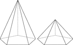 Illustration of 2 right pentagonal pyramids with hidden edges shown. The pentagonal bases are congruent, but the height of the smaller pyramid is one half that of the larger.