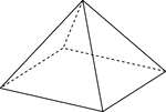 Illustration of a right rectangular pyramid with hidden edges shown. The base is a rectangle and the faces are isosceles triangles.