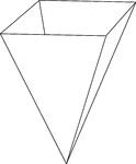 Illustration of a hollow right rectangular pyramid. The base is a rectangle and the faces are isosceles triangles. The pyramid is inverted, meaning that the vertex is at the bottom and the base is on top.