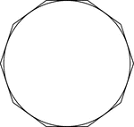 Illustration of a decagon circumscribed about a circle. This can also be described as a circle inscribed in a decagon.