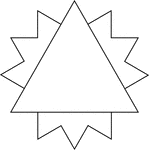 Illustration of an equilateral triangle inscribed in a closed concave geometric figure with 24 sides in the shape of a 12-point star. The two figures are concentric.
