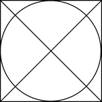Illustration of a square, with diagonals drawn, circumscribed about a circle. This can also be described as a circle inscribed in a square. The diagonals of the square intersect at the center of both the square and the circle. The diagonals coincide with the diameter of the circle.