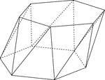 Illustration of a skewed (non-right) hexagonal antiprism. An antiprism is formed by having two parallel congruent bases connected by an alternating band of triangles. The bases in this illustration are hexagons.