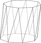 Illustration of a skewed (non-right) octagonal antiprism. An antiprism is formed by having two parallel congruent bases connected by an alternating band of triangles. The bases in this illustration are octagons.