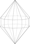 Illustration of an elongated decagonal dipyramid that is formed by elongating a decagonal bipyramid by inserting a decagonal prism between the two congruent halves.