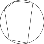 Illustration of a cyclic pentagon, a pentagon inscribed in a circle. This can also be described as a circle circumscribed about a pentagon. In this illustration, the pentagon is not regular (the lengths of the sides are not equal).