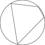 Illustration of a cyclic quadrilateral, a quadrilateral inscribed in a circle. This can also be described as a circle circumscribed about a quadrilateral. In this illustration, the quadrilateral is not regular (the lengths of the sides are not equal).
