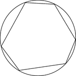 Illustration of a cyclic hexagon, a hexagon inscribed in a circle. This can also be described as a circle circumscribed about a hexagon. In this illustration, the hexagon is not regular (the lengths of the sides are not equal).