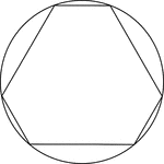 Illustration of a cyclic hexagon, a hexagon inscribed in a circle. This can also be described as a circle circumscribed about a hexagon. In this illustration, the hexagon is not regular (the lengths of the sides are not equal).