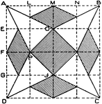 Diamond pattern exercise: Divide A D and A B into 4 equal parts, then draw horizontal lines through E, F, and G and vertical lines through L, M, and N. Draw lines from A and B to the intersection O of lines E and M, and from A and D to the intersection P of lines F and L. Similarly, draw D J, J C, C I, and I B. Also connect the points O, P, J, and I, thus forming a square. The four diamond-shaped areas are formed by drawing lines from the middle points of A D, A B, B C, and D C to the middle points of lines A P, A O, O B, I B, etc.