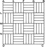 Square pattern exercise: Divide A D and A B into 4 equal parts and draw horizontal and vertical lines. Now divide these dimensions, A L, M N, etc., and E F, G B, etc., into 4 equal parts- each 1/4 inch- and draw light pencil lines with the T-square and triangle.