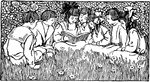 Seven children reading a story on the lawn