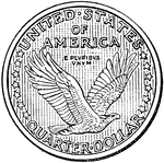 Reverse side of American twenty-five cent piece with flying eagle.