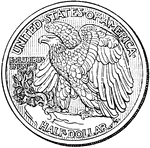 Reverse side of American half dollar coin depicts a perched eagle with olive branch.
