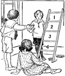 Three children play a ladder game, tossing bean bags in between ladder rungs. The point system of the game is illustrated in the image.