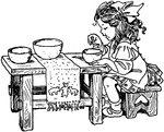 Girl eating. Goldilocks eating Baby Bear's porridge.