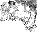 A boy and a girl hold hands as they take a walk near an apple tree.