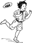 A boy hopping as he loses his hat.