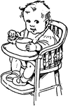 A baby eating out of a bowl on his high chair.